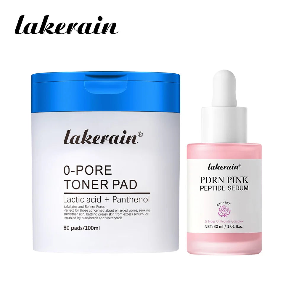 Lakerain 2Pcs Set 0-Pore Toner Pad & Salmon PDRN Pink Peptide Facial Serum Deep Moisturizing Glow Korean Facial Skin Care Kit