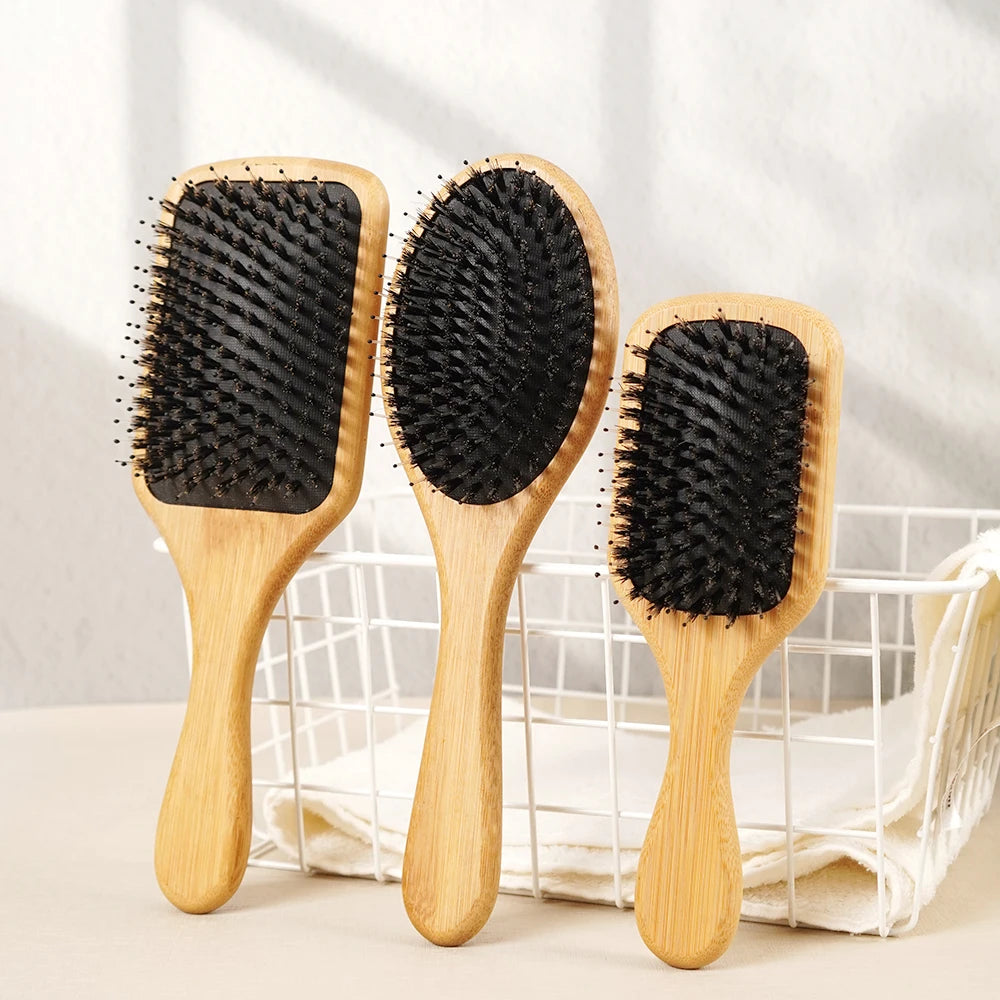 Curl Defining Brush Scalp Massage Side Luxury Hair Comb Set Professional Boar Bristle Brush Hair Wooden Comb Bamboo