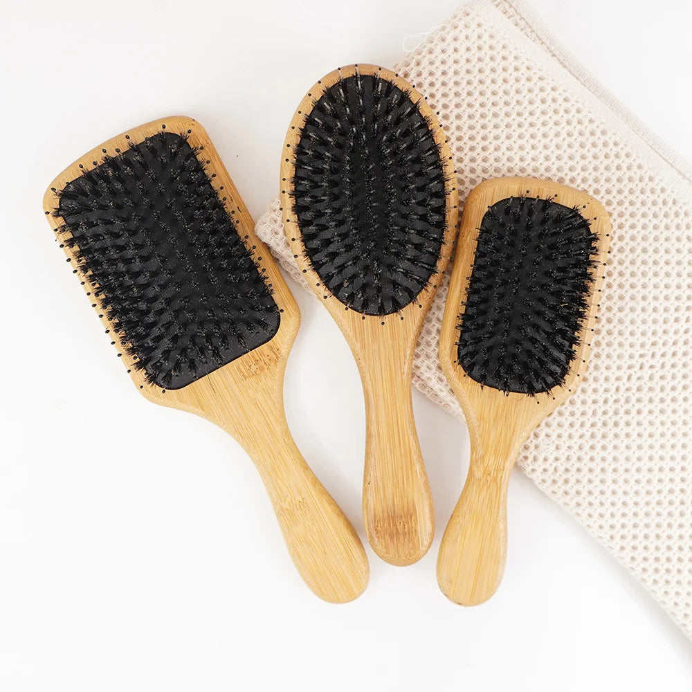 Curl Defining Brush Scalp Massage Side Luxury Hair Comb Set Professional Boar Bristle Brush Hair Wooden Comb Bamboo