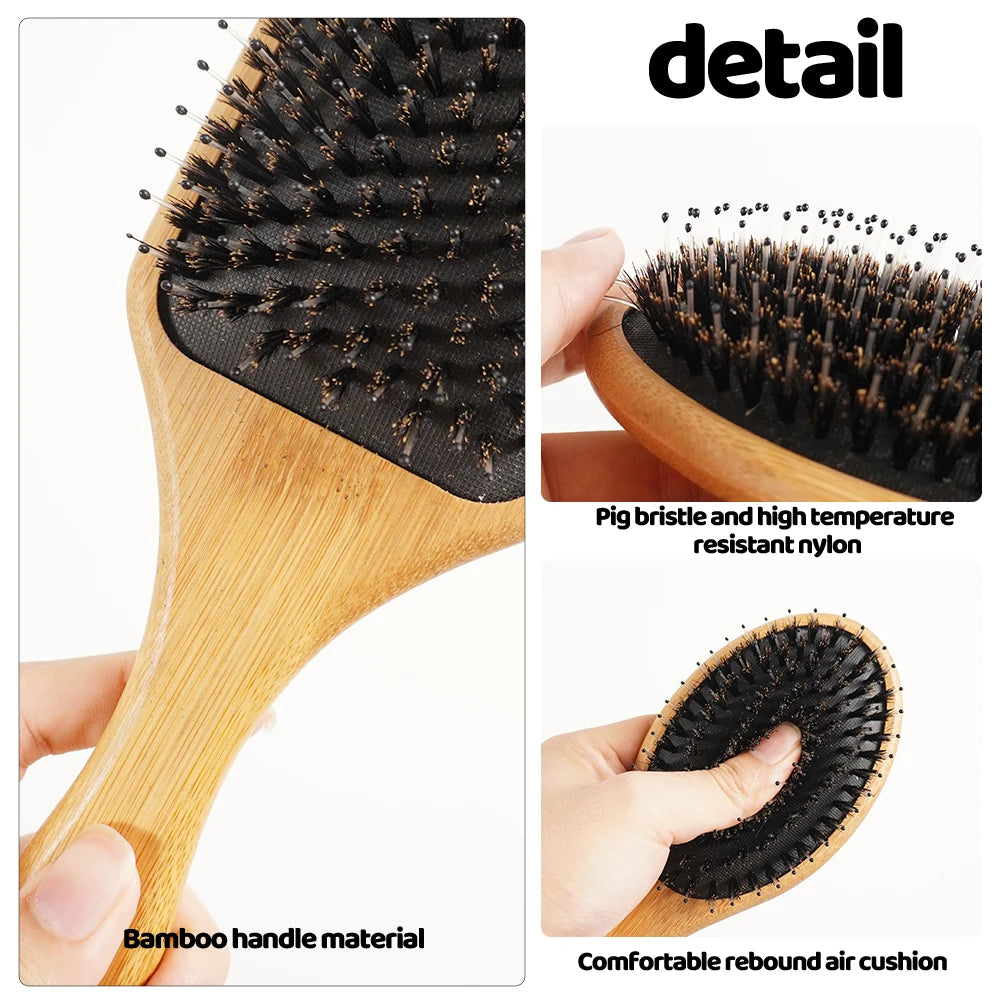 Curl Defining Brush Scalp Massage Side Luxury Hair Comb Set Professional Boar Bristle Brush Hair Wooden Comb Bamboo