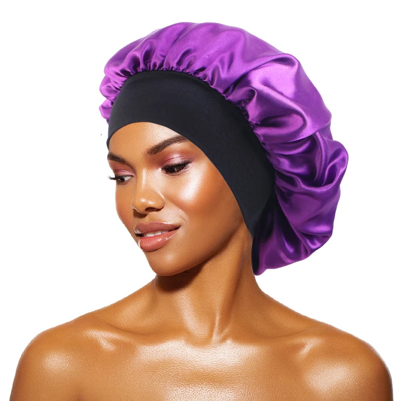 Women's Satin Solid Bonnets Wide-brimmed Night Sleeping Bathing Hat Unisex Head Wrap Elastic Band Cap Hair Care Bonnet