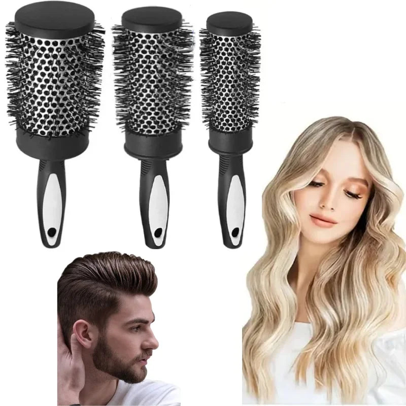 Round Curling Roller Comb Hair Styling Nylon Brush Thermal Aluminum Tube Barrel Hair Comb for Woman Man Hair Blowing and Drying