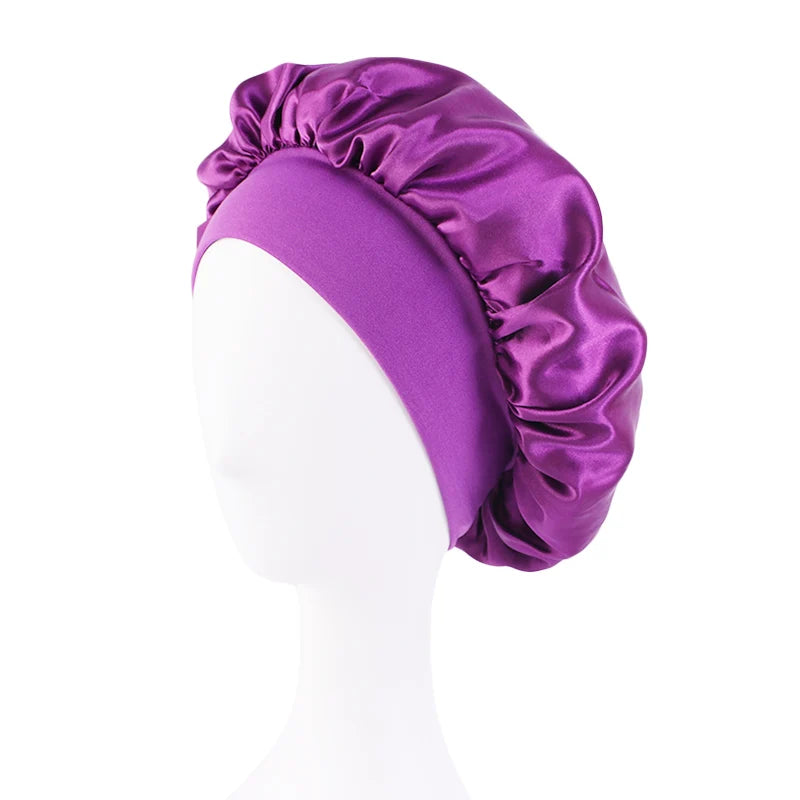 Women's Satin Solid Bonnets Wide-brimmed Night Sleeping Bathing Hat Unisex Head Wrap Elastic Band Cap Hair Care Bonnet