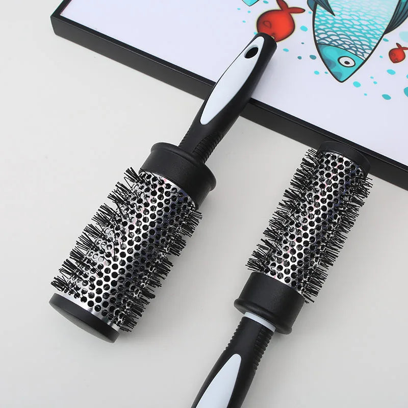 Round Curling Roller Comb Hair Styling Nylon Brush Thermal Aluminum Tube Barrel Hair Comb for Woman Man Hair Blowing and Drying