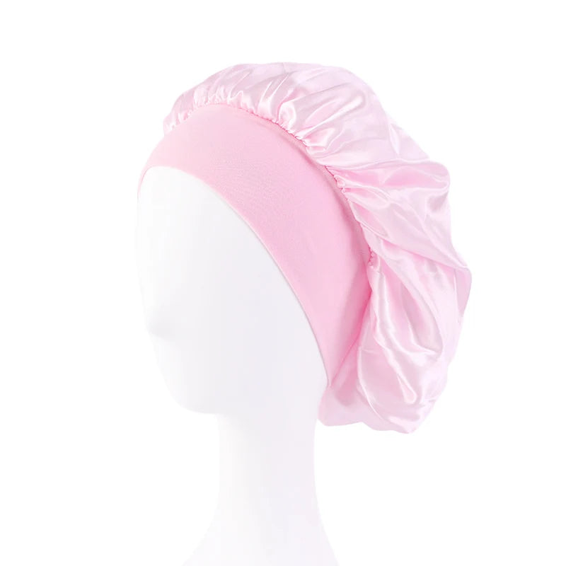 Women's Satin Solid Bonnets Wide-brimmed Night Sleeping Bathing Hat Unisex Head Wrap Elastic Band Cap Hair Care Bonnet